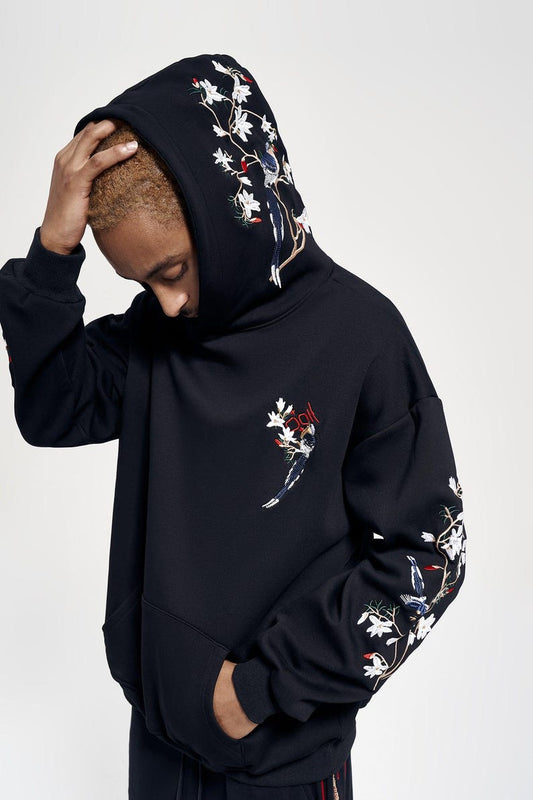 Black floral embroidered hoodie