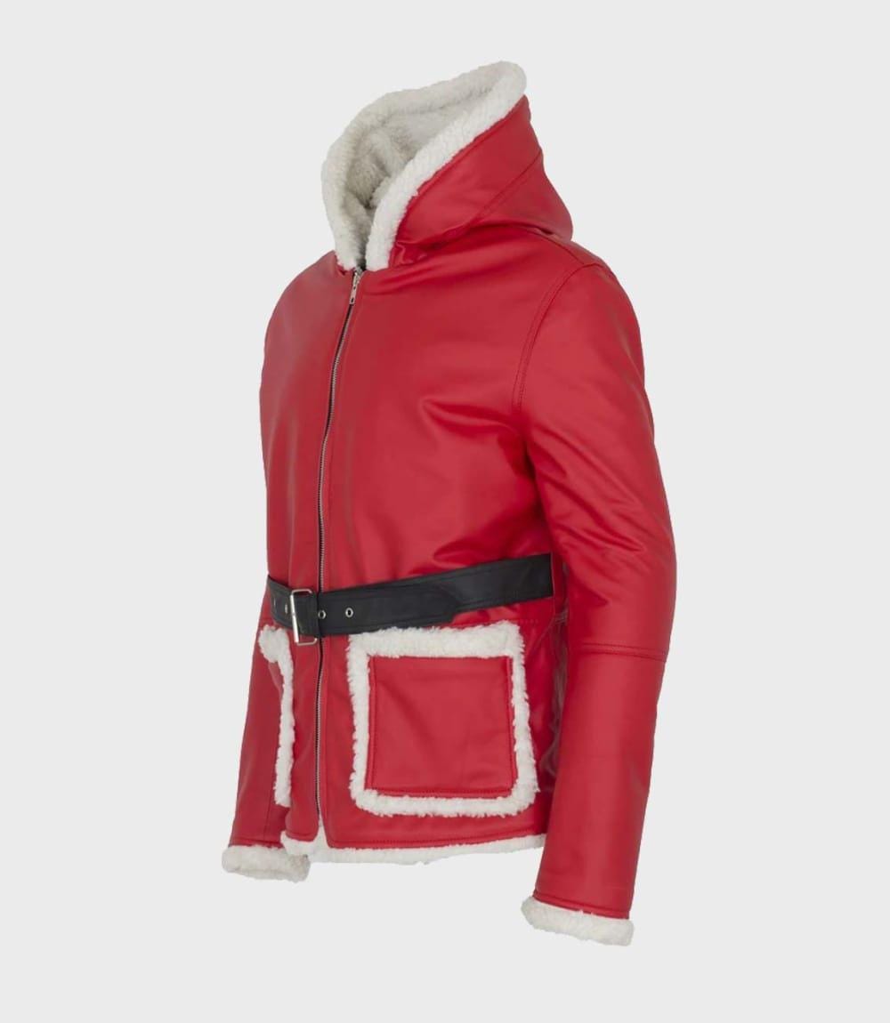 Men’s Santa Claus Red Leather Jacket with white fur trim and belted waist – Christmas holiday outfit