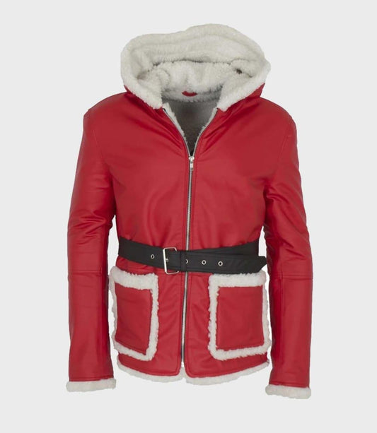 Men’s Santa Claus Red Leather Jacket with white fur trim and belted waist – Christmas holiday outfit