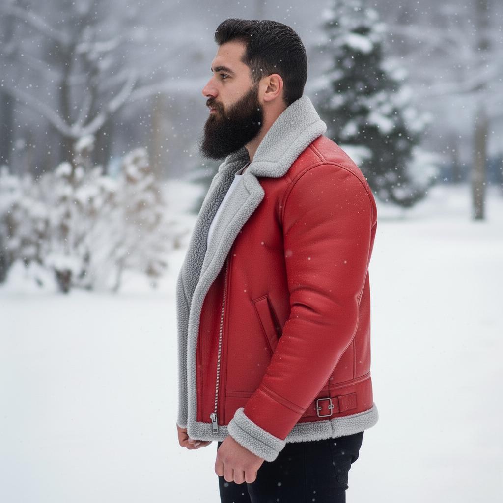 Men’s Red A2 Bomber Leather Jacket – Christmas Holiday Aviator Coat | Genuine Leather Jacket with Faux Fur Collar | Winter Fashion Gift