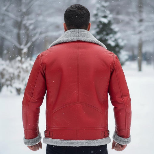 Men’s Red A2 Bomber Leather Jacket – Christmas Holiday Aviator Coat | Genuine Leather Jacket with Faux Fur Collar | Winter Fashion Gift