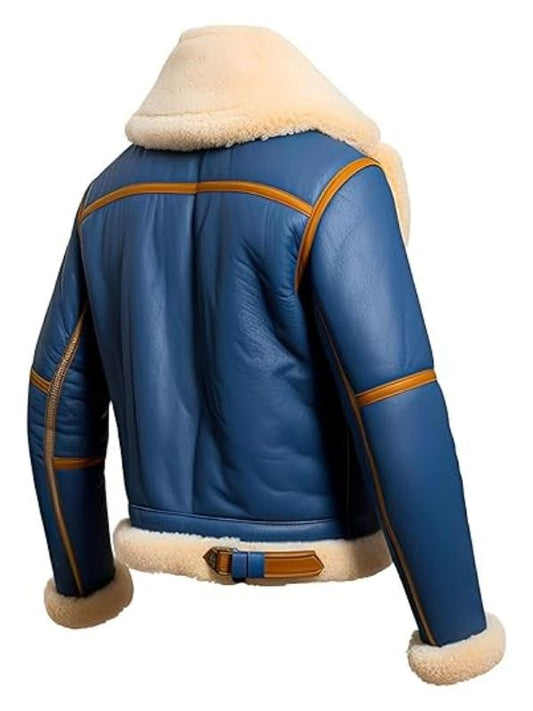 Men’s Royal Blue & Beige B3 Bomber Jacket, shearling leather aviator jacket with plush lining and bold color blocking