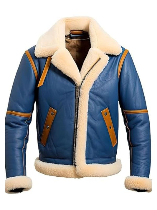 Men’s Royal Blue & Beige B3 Bomber Jacket, shearling leather aviator jacket with plush lining and bold color blocking