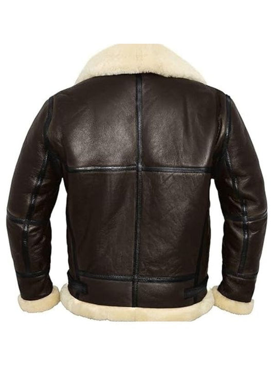 Brown leather jacket with white fur lining on a white background