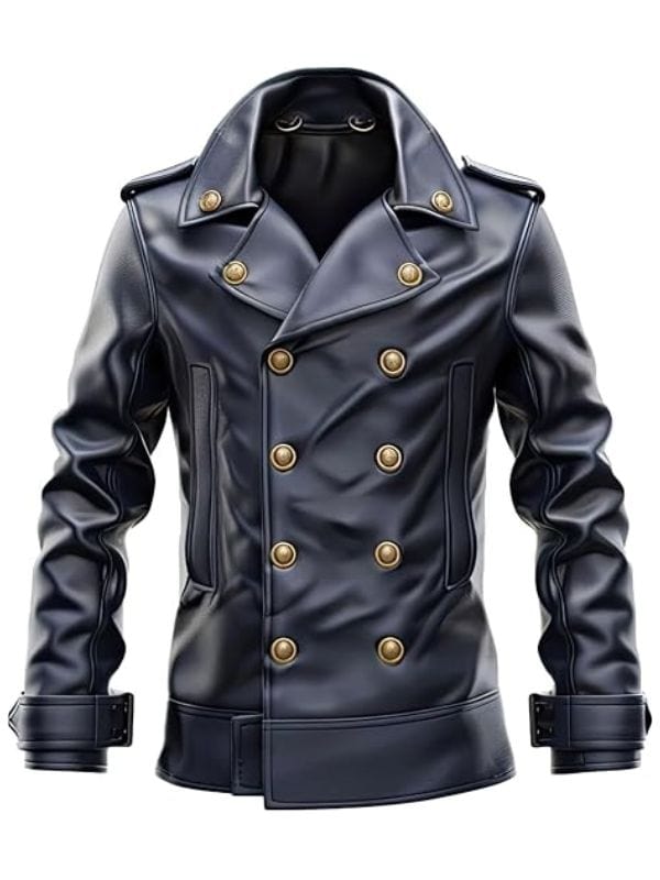 Men’s Black Genuine Sheepskin Double Breasted Leather Peacoat