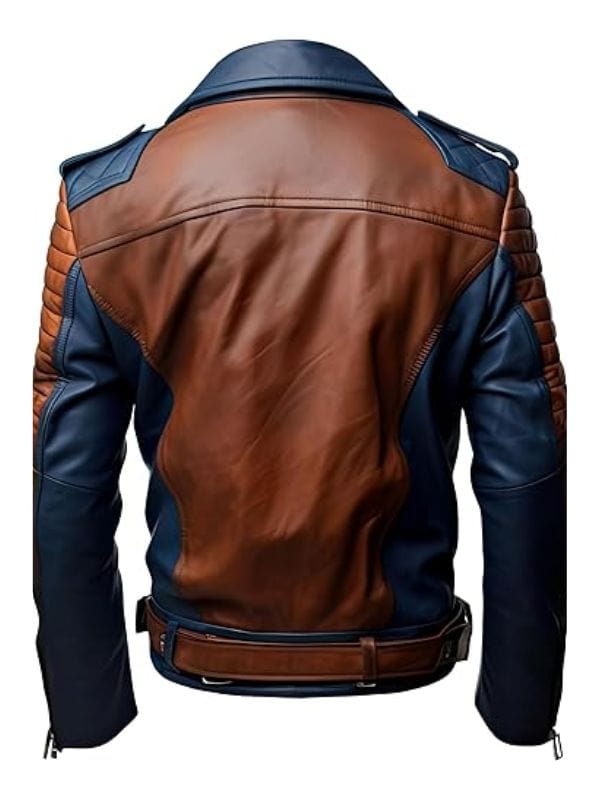 “Men’s Brown & Blue Quilted Racer Leather Biker Jacket Slim-Fit Streetwear Arna Luxe”