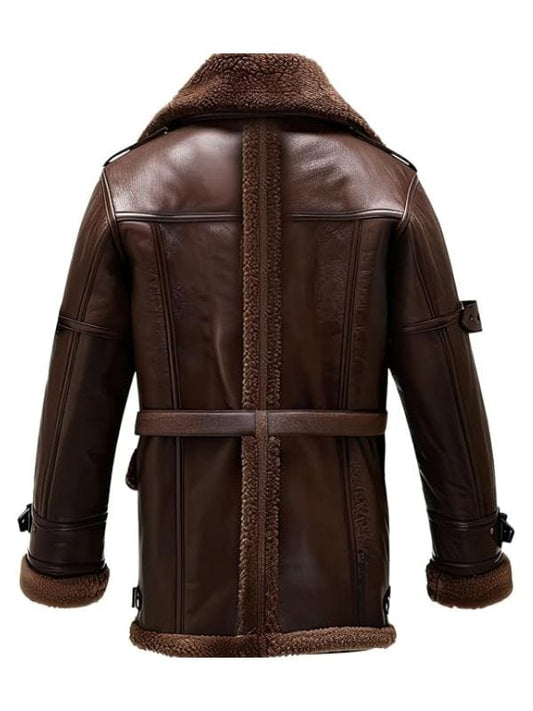 Men’s Brown Shearling Flight Jacket, genuine leather with plush shearling lining, mid-length winter coat