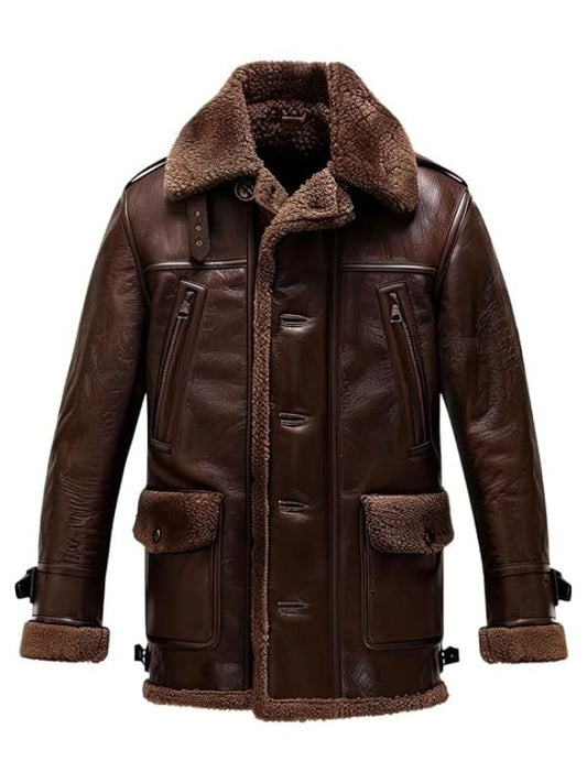 Men’s Brown Shearling Flight Jacket, genuine leather with plush shearling lining, mid-length winter coat