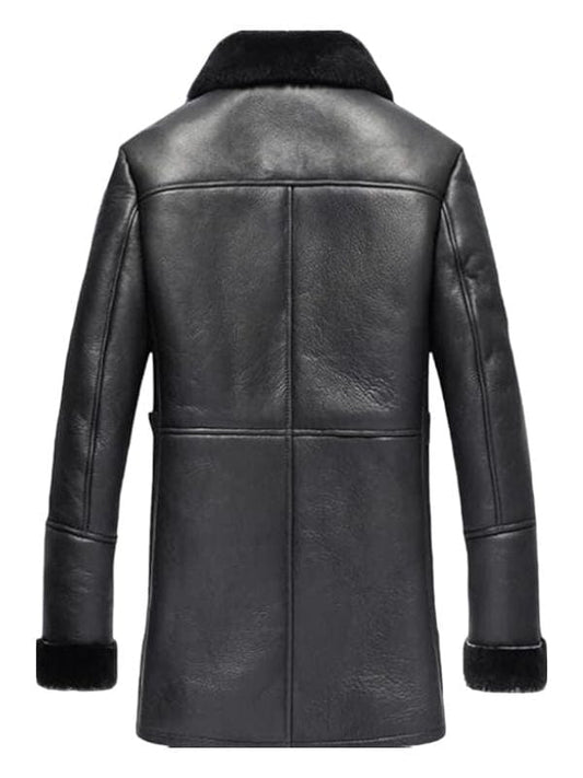 Men’s Black Sheepskin Leather Coat, shearling lined with double lapel collar, tailored leather jacket for winter