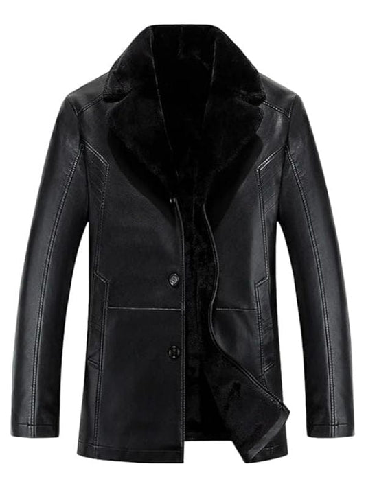 Men’s Black Sheepskin Leather Coat, shearling lined with double lapel collar, tailored leather jacket for winter