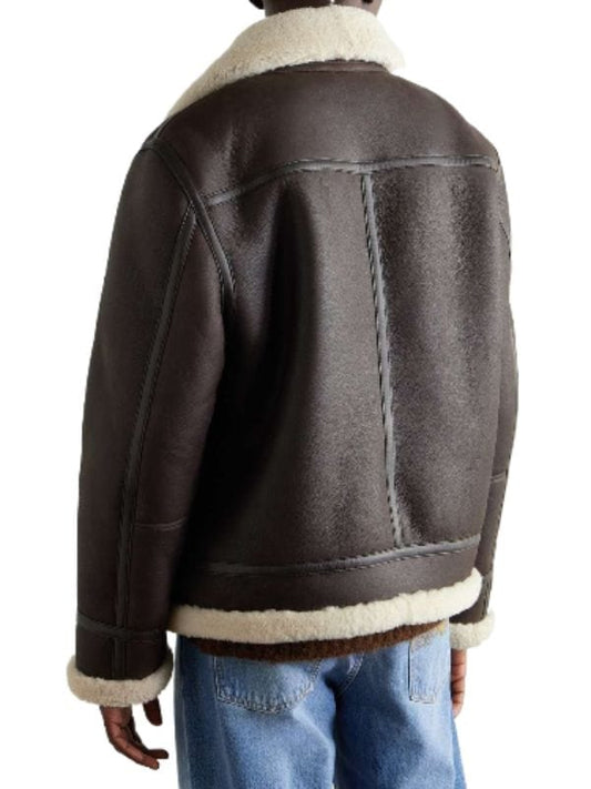 Men's Luxurious Dark Brown Shearling Lined Aviator Bomber Jacket