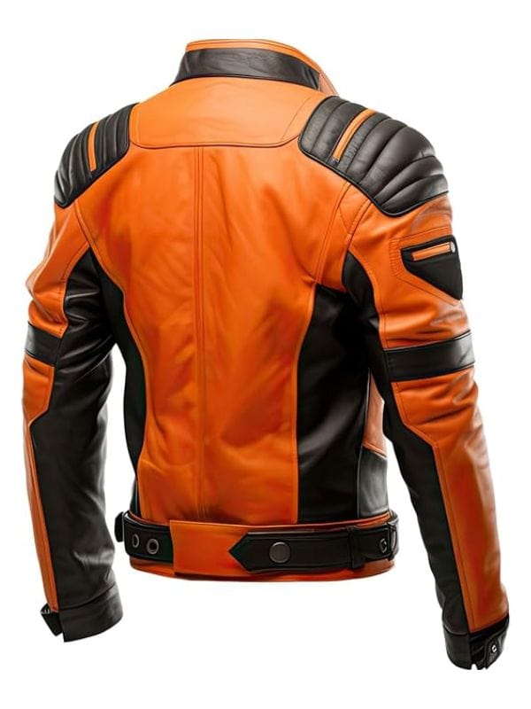 Orange and black motorcycle jacket – multi-zipper biker style by Arna Luxe
