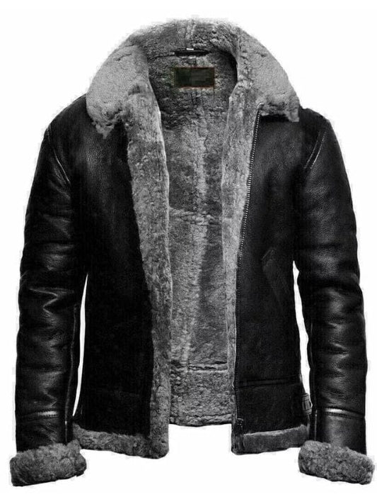 Men’s RAF B3 Black Aviator Jacket, genuine leather with shearling lining and classic shirt collar, B3 bomber jacket for winter