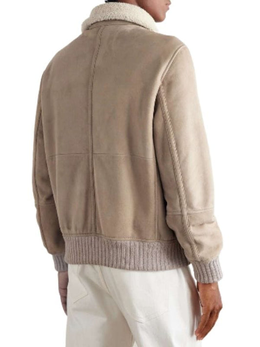Men's Shearling Collar Beige Suede Bomber Jacket