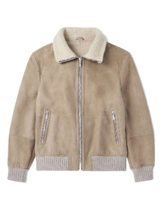 Men's Shearling Collar Beige Suede Bomber Jacket