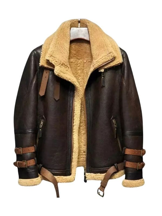 Men's Vintage Brown Shearling Double Collar Leather Bomber Jacket