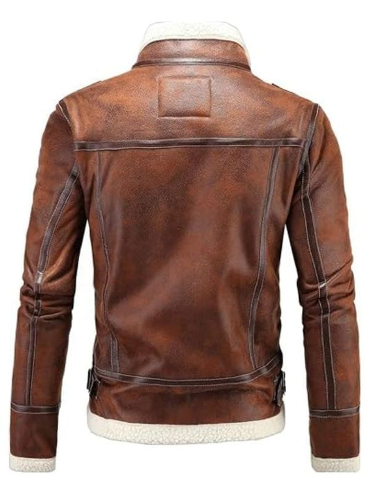 Men’s Vintage Distressed Brown Bomber Jacket, genuine sheepskin leather with shearling lining and classic aviation design