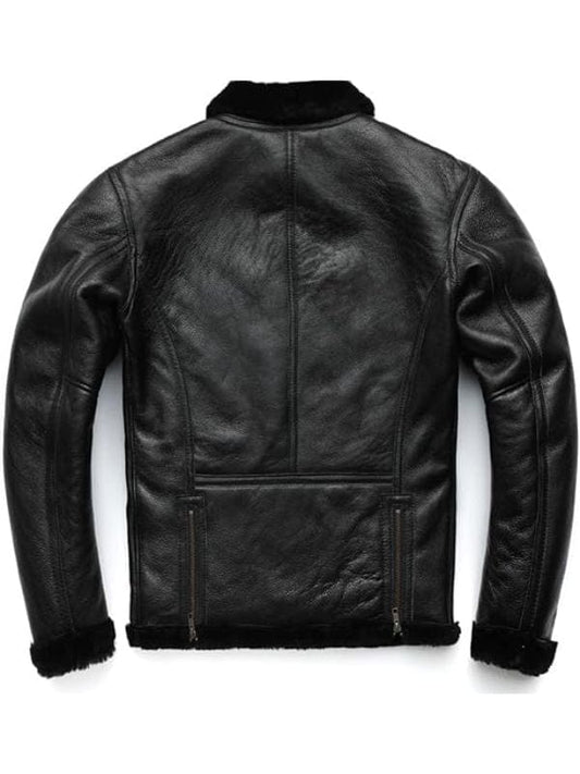 Mens B3 Bomber Genuine Sheepskin Military Aviator Black Leather Jacket