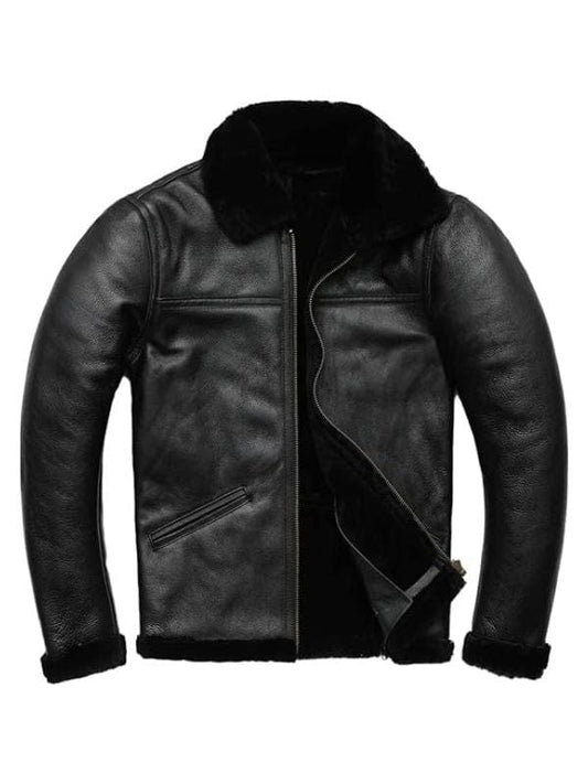 Mens B3 Bomber Genuine Sheepskin Military Aviator Black Leather Jacket