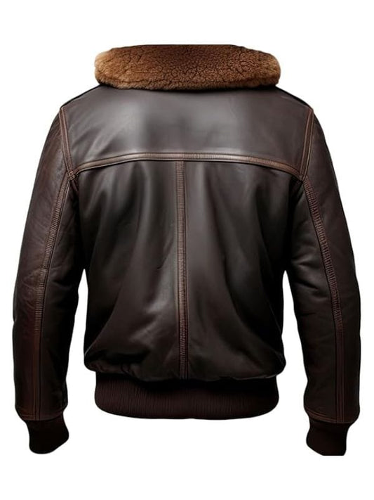 Mens Genuine Sheepskin B3 Faux Fur Collar Zip-up Brown Leather Jacket