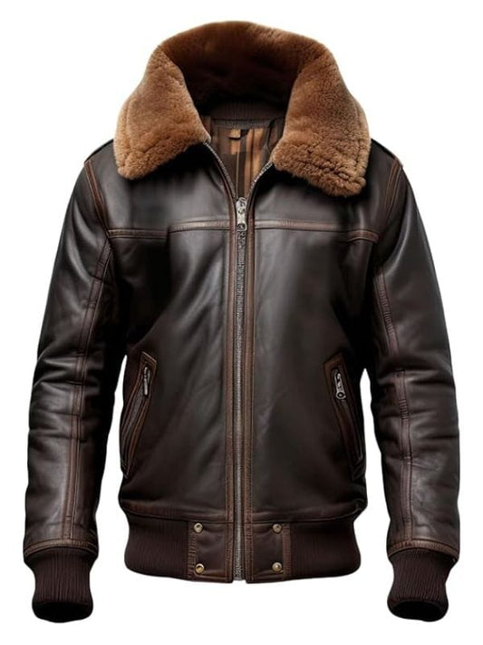 Mens Genuine Sheepskin B3 Faux Fur Collar Zip-up Brown Leather Jacket