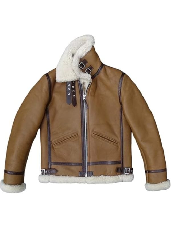 Mens Genuine Sheepskin Military Bomber Aviator Brown Leather Jacket
