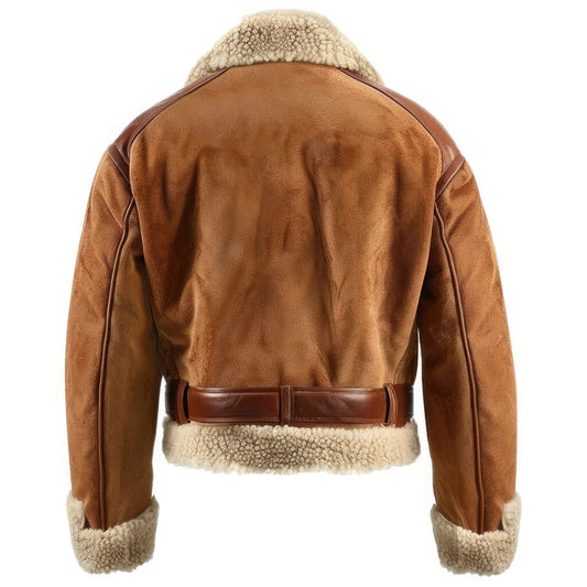 Brown leather jacket with shearling lining on a white background