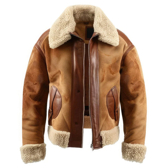 Brown leather jacket with white fur lining on a white background