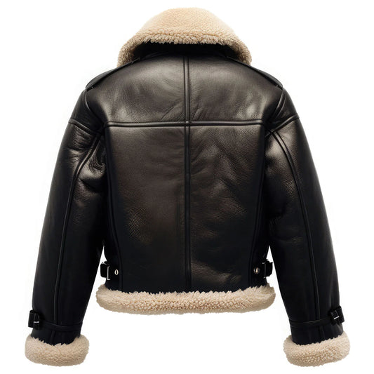 Black leather jacket with beige fur lining on a white background