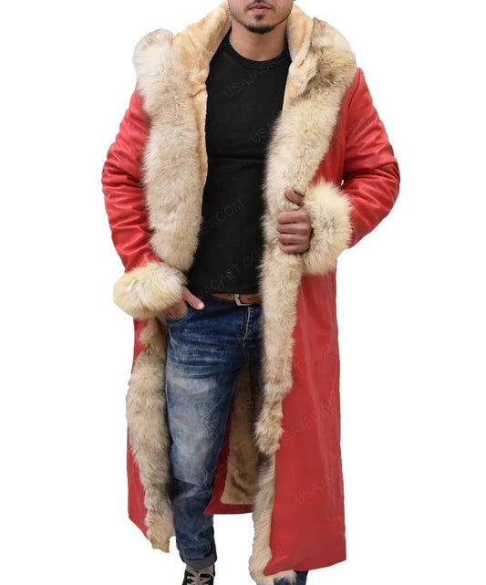 Santa Claus red wool coat inspired by Kurt Russell in The Christmas Chronicles – fur-trimmed festive jacket for men
