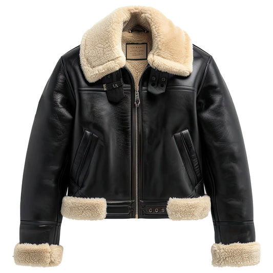 Black leather jacket with beige shearling collar, cuffs, and trim on a white background