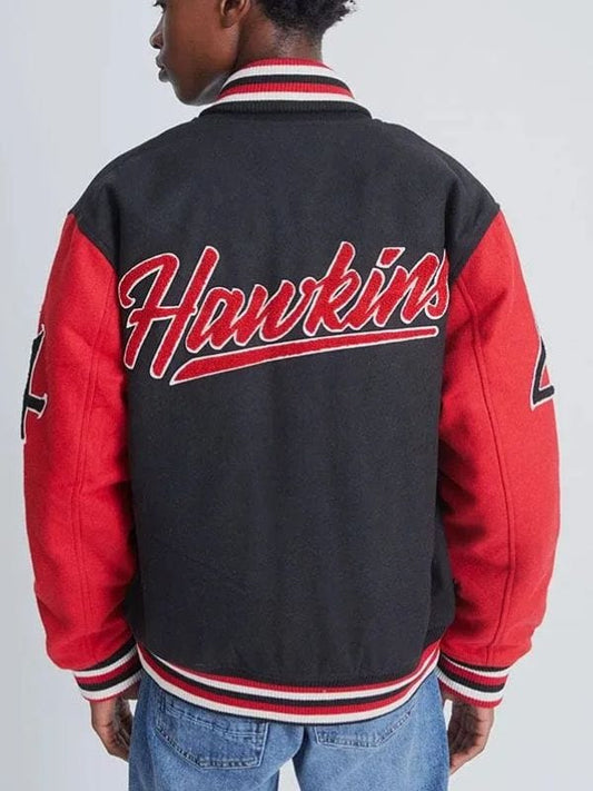 Black and red Hawkins High varsity jacket inspired by Stranger Things