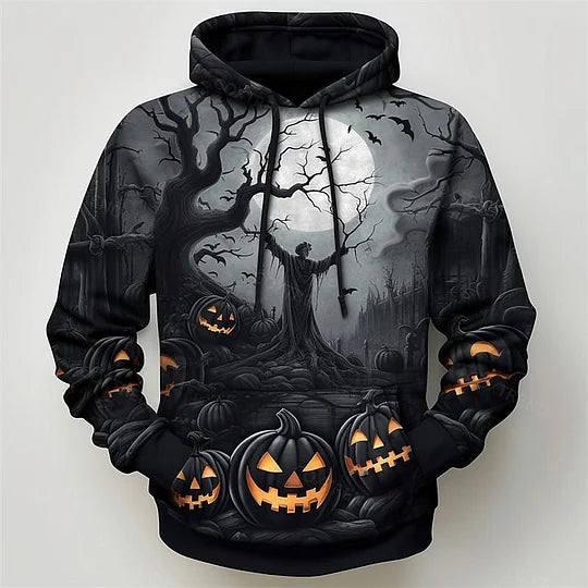 Autumn's Scare: Men's Jack-O-Lantern Print Hoodie for Casual Halloween Wear