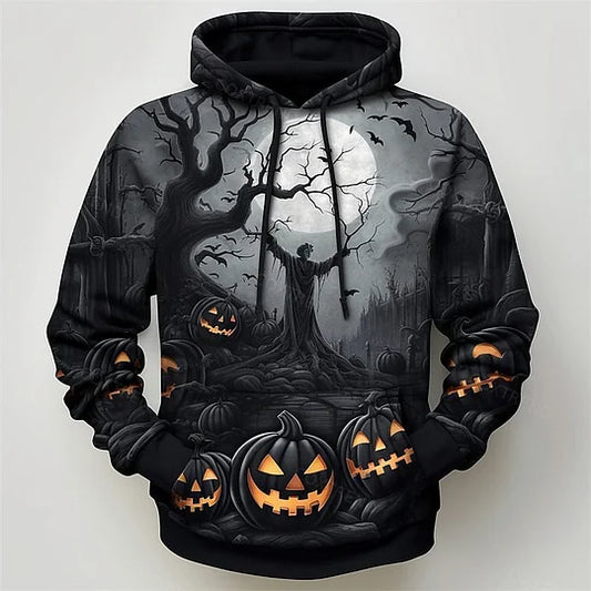Halloween-themed hoodie with pumpkins and a silhouette of a person in a dark forest.
