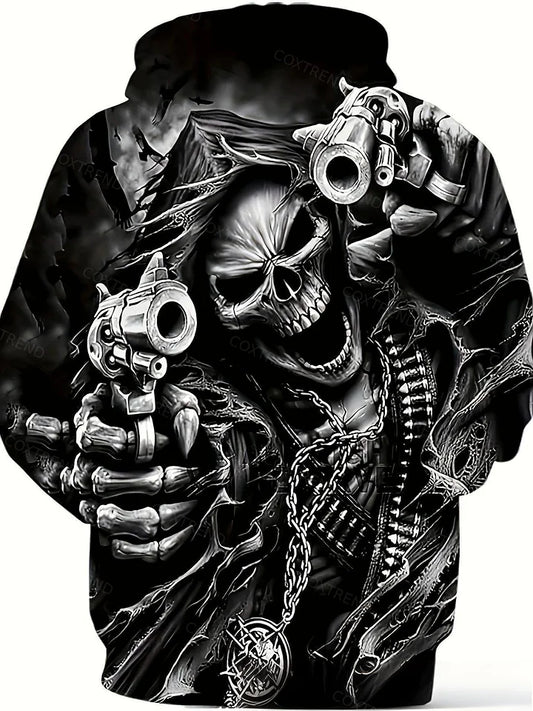 Black and white hoodie with a detailed skull design holding guns on a white background