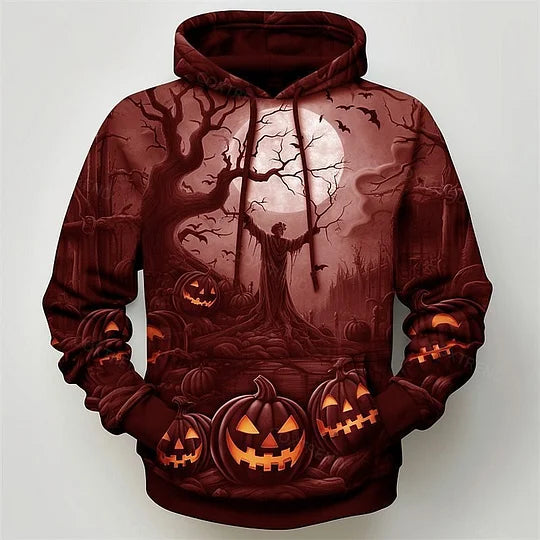 Autumn's Scare: Men's Jack-O-Lantern Print Hoodie for Casual Halloween Wear