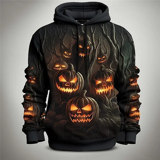 Halloween-themed hoodie with glowing jack-o'-lantern design on a gray background