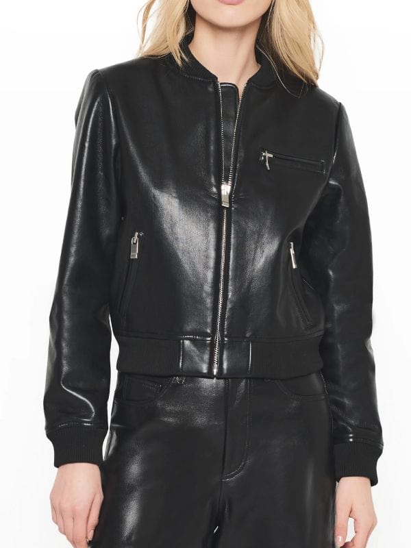 “Women’s Handmade Black Leather Bomber Jacket – Ribbed Collar Style by Arna Luxe”