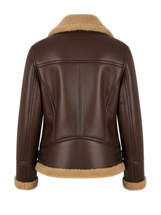 Women’s Dark Brown Shearling Leather Moto Jacket, genuine leather biker jacket with plush lining and adjustable collar