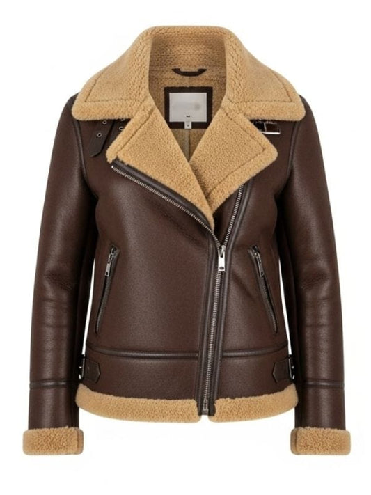 Women’s Dark Brown Shearling Leather Moto Jacket, genuine leather biker jacket with plush lining and adjustable collar