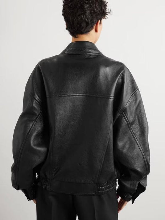 Women's Oversized 90s Black Leather Bomber Jacket