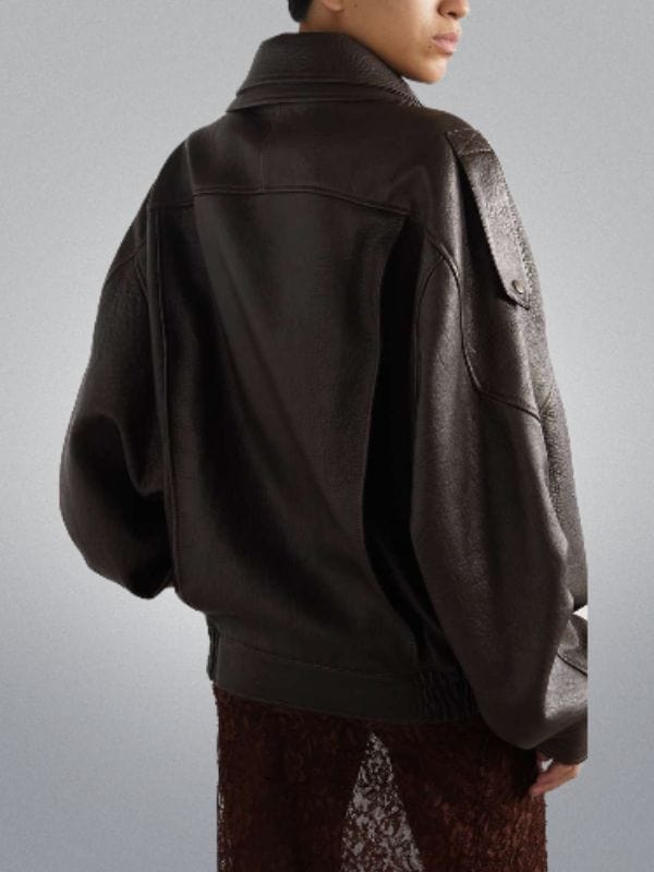 Women's Oversized Textured Brown Leather Bomber Jacket