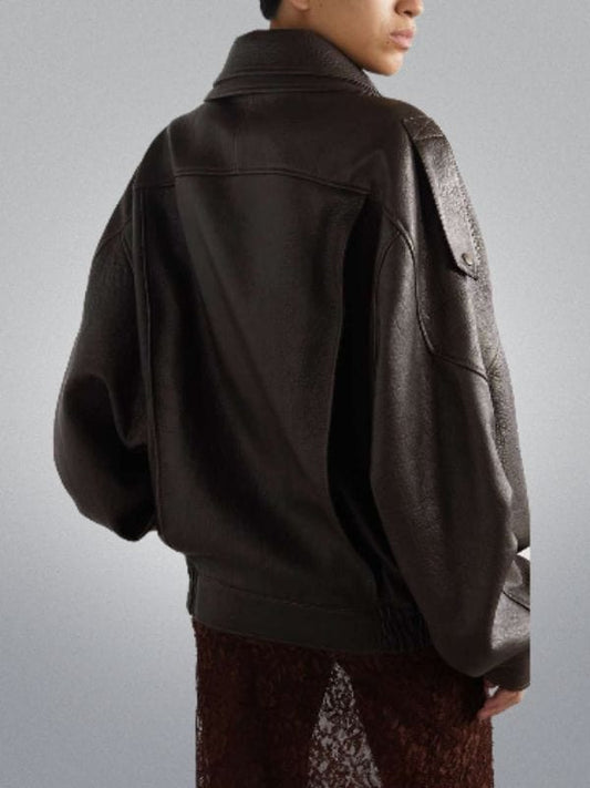 Women's Oversized Textured Brown Leather Bomber Jacket