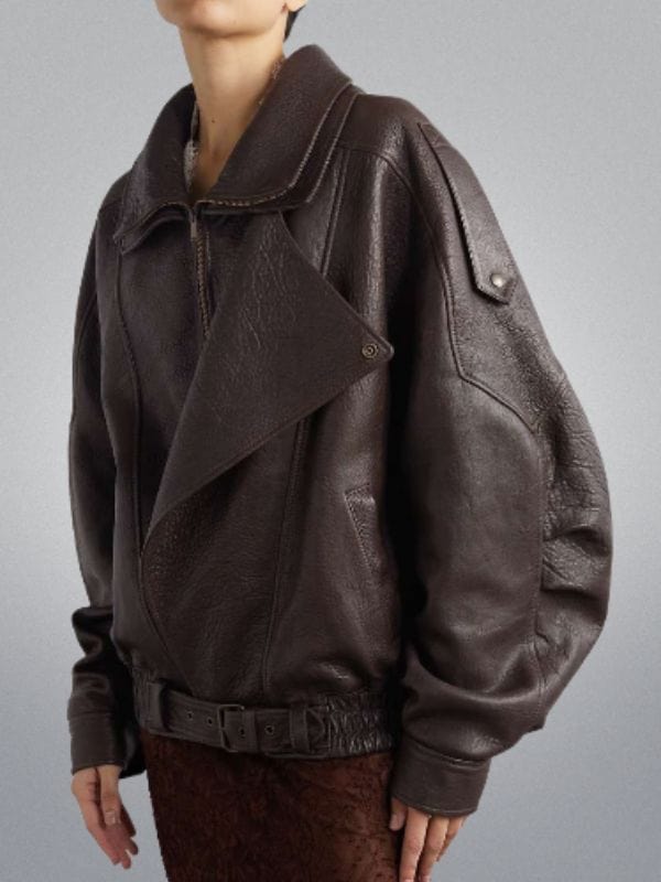 Women's Oversized Textured Brown Leather Bomber Jacket