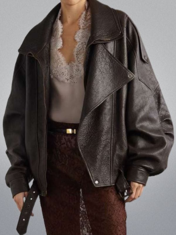 Women's Oversized Textured Brown Leather Bomber Jacket