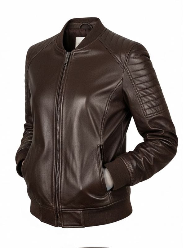 “Women’s Dark Brown Leather Bomber Jacket – Premium Rib-Knit Style by Arna Luxe”