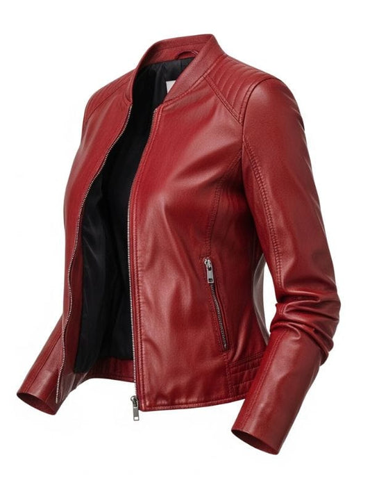 “Women’s Red Quilted Leather Bomber Jacket – Lambskin Ribbed Collar Style by Arna Luxe”