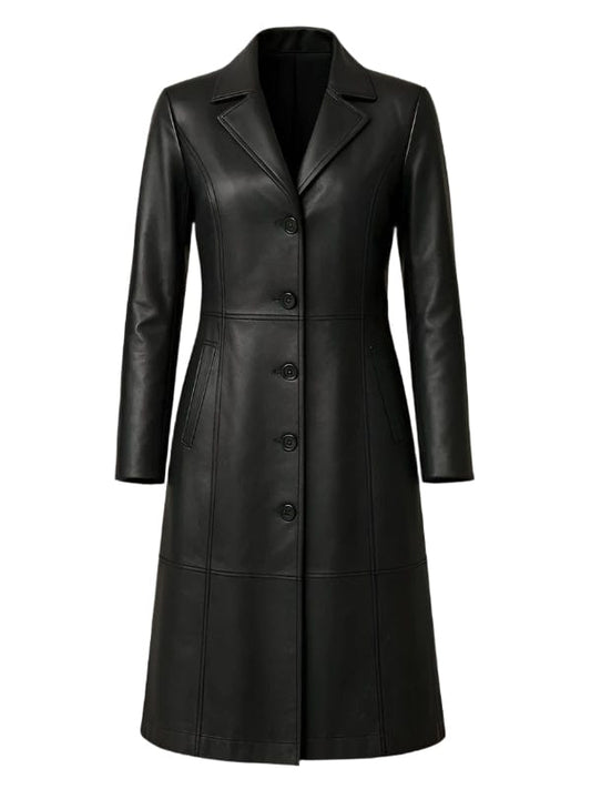 Women's Stylish Full Length Black Leather Trench Coat