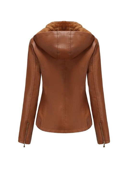 Women’s Brown Biker Leather Jacket, genuine sheepskin with sherpa lining and detachable hood, slim-fit moto jacket