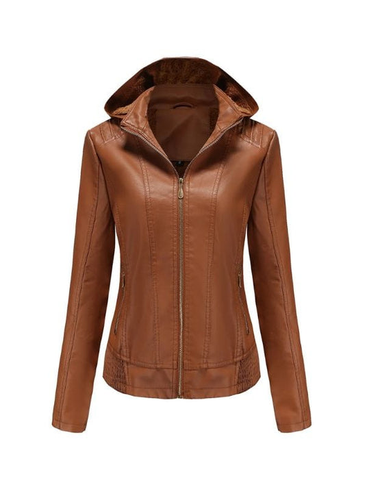 Women’s Brown Biker Leather Jacket, genuine sheepskin with sherpa lining and detachable hood, slim-fit moto jacket